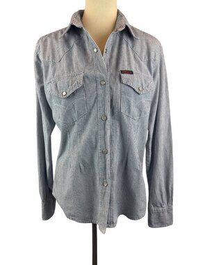 Western Striped Snap Button Shirt Long Sleeve Blue White Size M Junior D. Womens